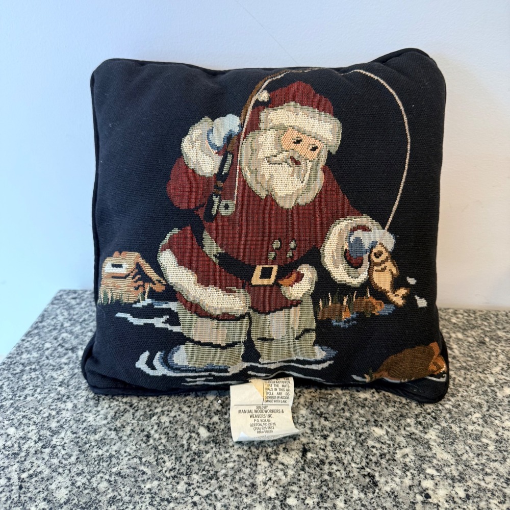 Manual Woodworkers Vintage Fishing Santa Pillow Unisex OS Black Cotton Blend